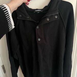 Express Black Hooded Pullover with Snap & Zipper Neck